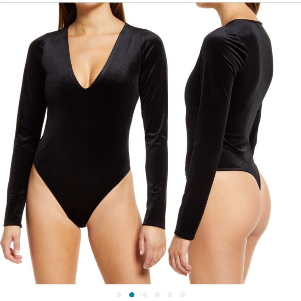 Good American Black Velvet Long Sleeve Plunge Bodysuit